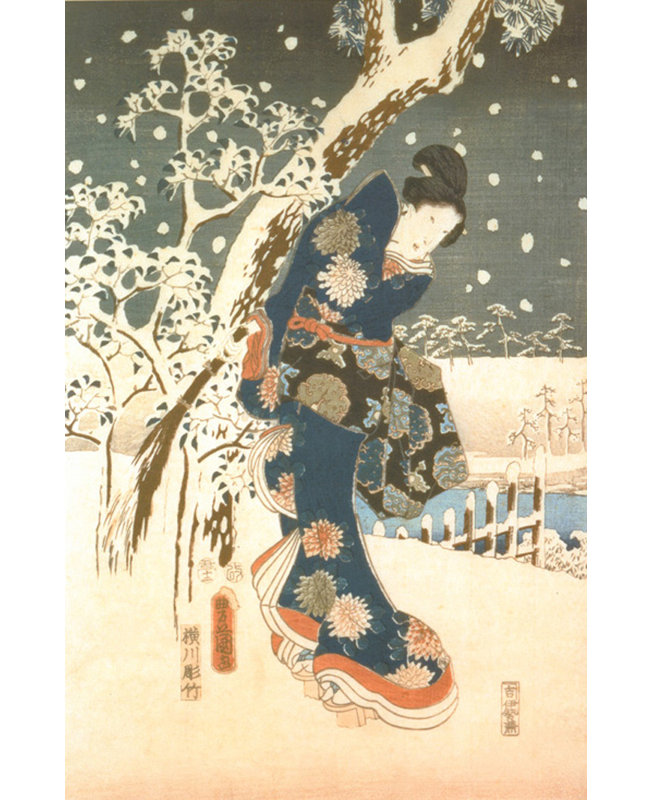 Scène de neige dans le jardin d'un daimyô, partie d'un triptyque MCG-PF1136, H 48 po x l 31 po