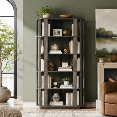 Stylish Wooden Oval Open Bookshelf, MDF Grid Frame Freestanding 5-Tier Storage Display for Home and Office Decor