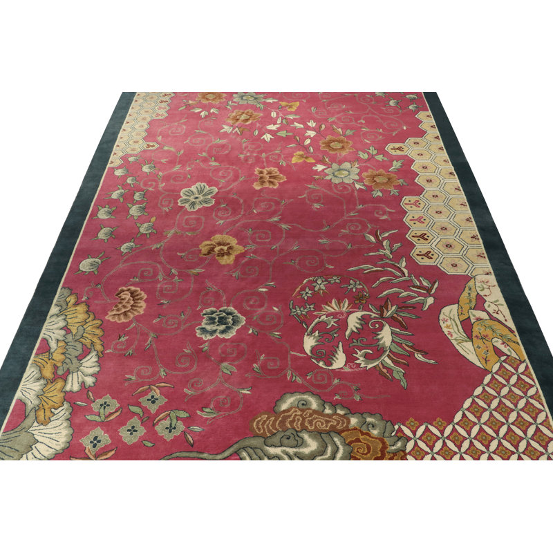 Rug & Kilim's Chinese Deco Style Rug In Pink With Blue Border, Gold Florals