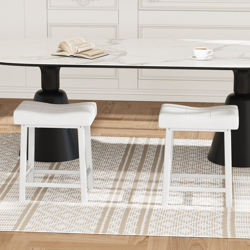 Upholstered Counter Stool with Metal Frame, White, White