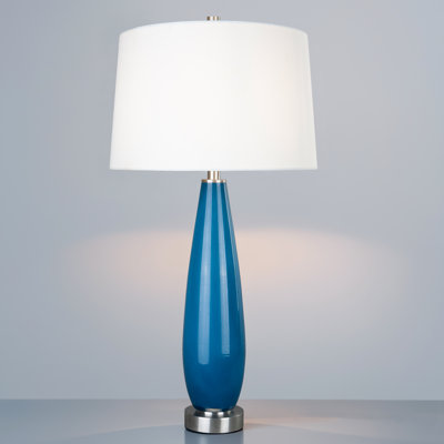 Lampe de table 28 "en art bleu moderne avec abat-jour tambour en lin blanc et base en acier inoxydable brossé
