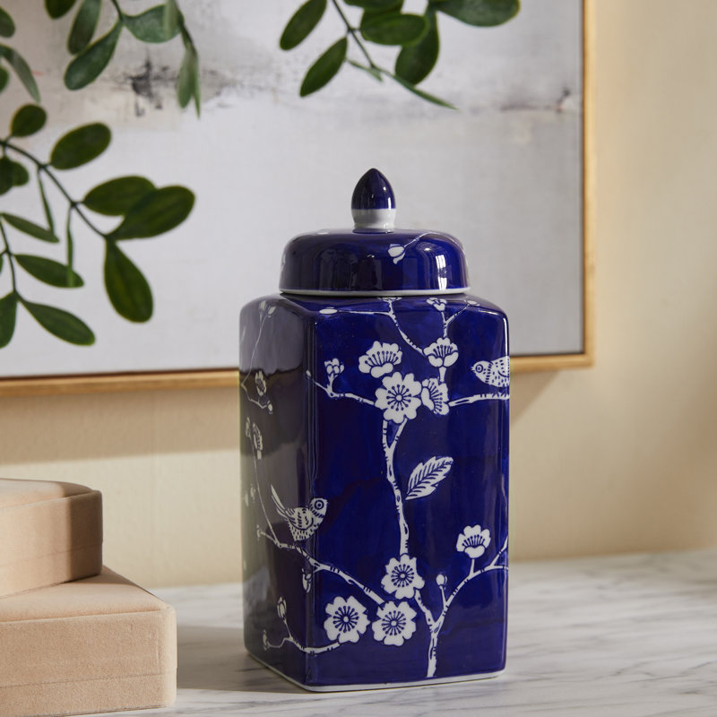 Shakana 9.44" Handmade Blue White Chinoiserie Ceramic Ginger Jar/ Table Vase