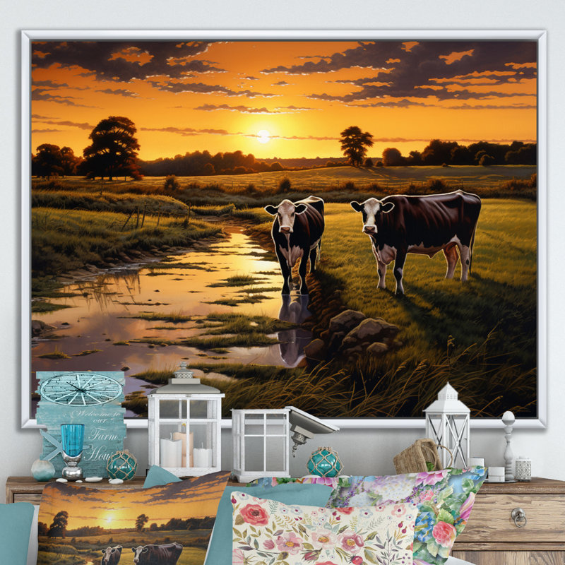 Cows At Farm Landscape IV, reproduction d'art sur toile, 12" H x 20" W, Black Picture Framed
