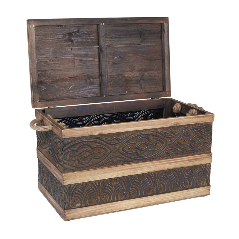 Decorative Trunk, Embossed Metal, Chinese Fir Wood, Darkened Interior, Rope Handles, Flat and Fully Opening Lid, Handmade, Walnut and Almond Stain