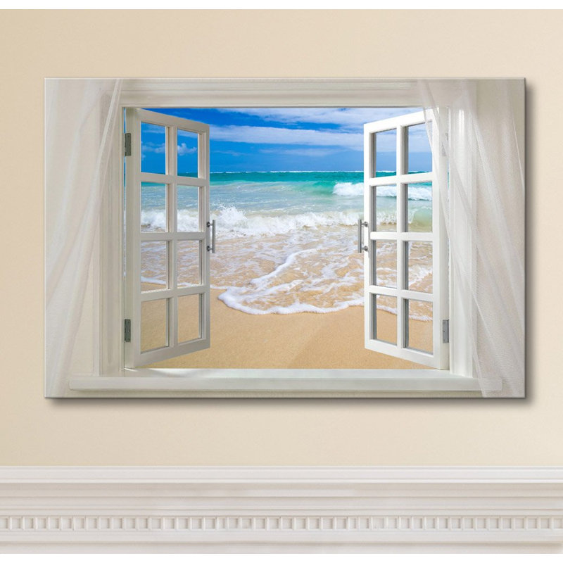 «Coastal Clear Sea And White Beach Waves Open Window Modern Wall Decor Home Decor» sur toile, H 24 po x l 36 po