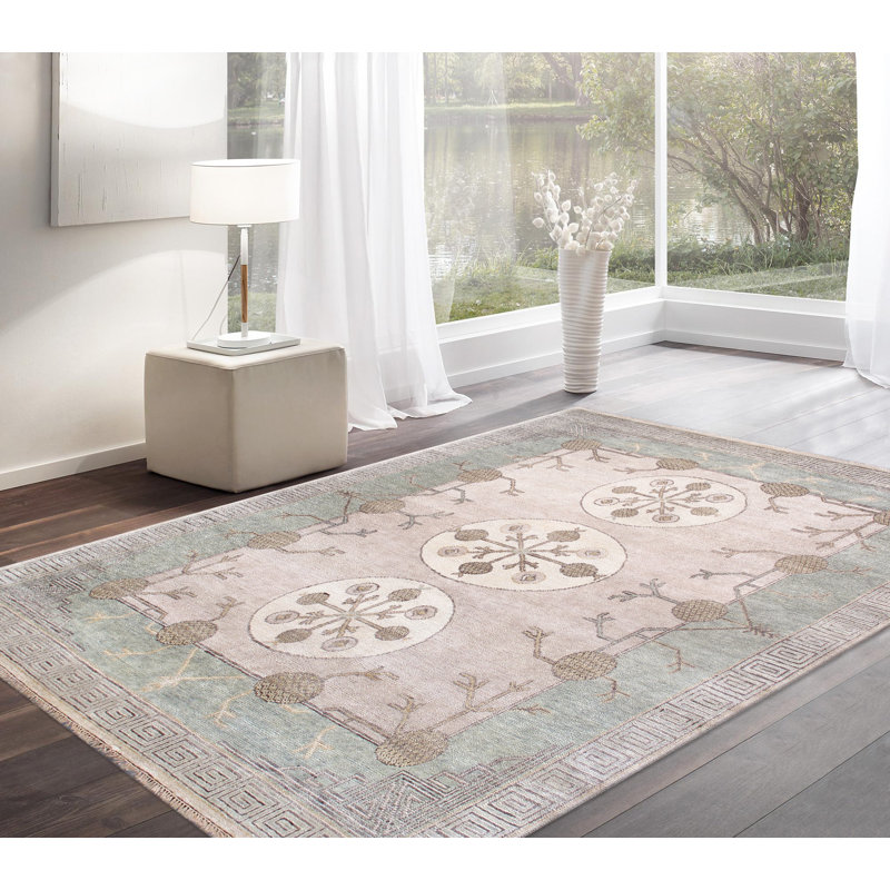 Khotan Hand Knotted Wool Oriental Area Rug in Ivory/Green