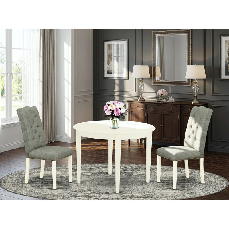3 Piece Dining Table Set for Small Spaces Contains a Round Kitchen Table and 2 Gray Linen Fabric Upholstered Parson Chairs, Linen White