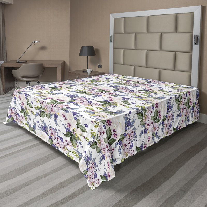 Drap plat Ambesonne Tropical Floral feuille d'orchidée exotique lavande foncé vert rose, Drap plat de taille très grand