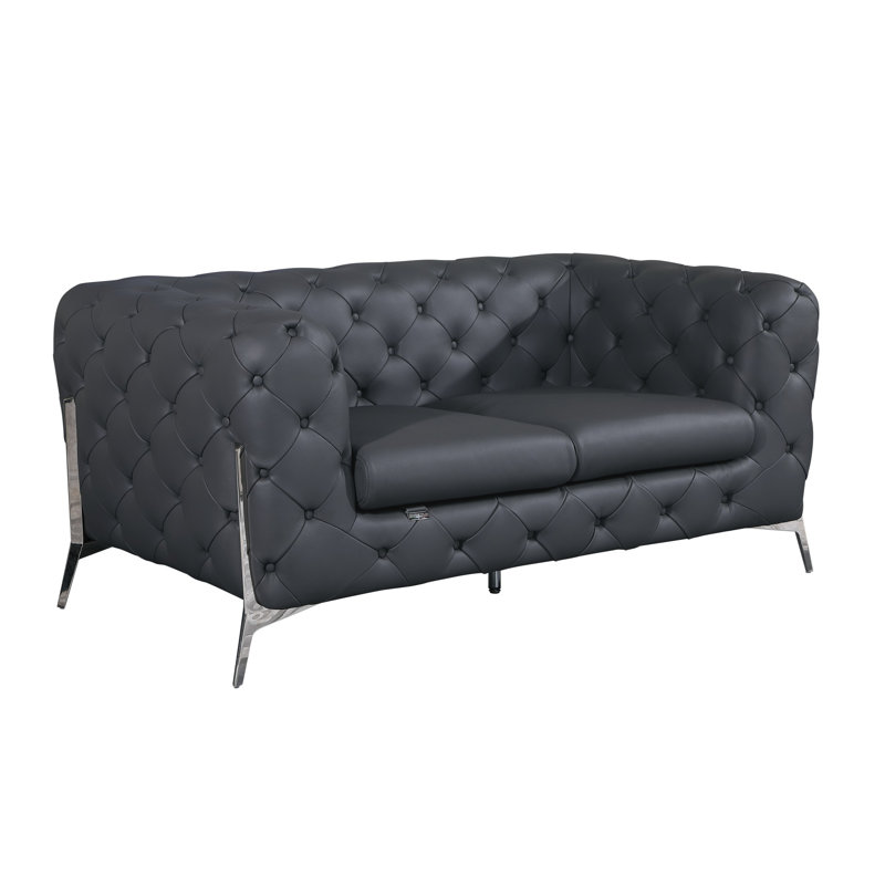 Ehrika Top Grain Italian Leather Loveseat, Silver, Dark Gray