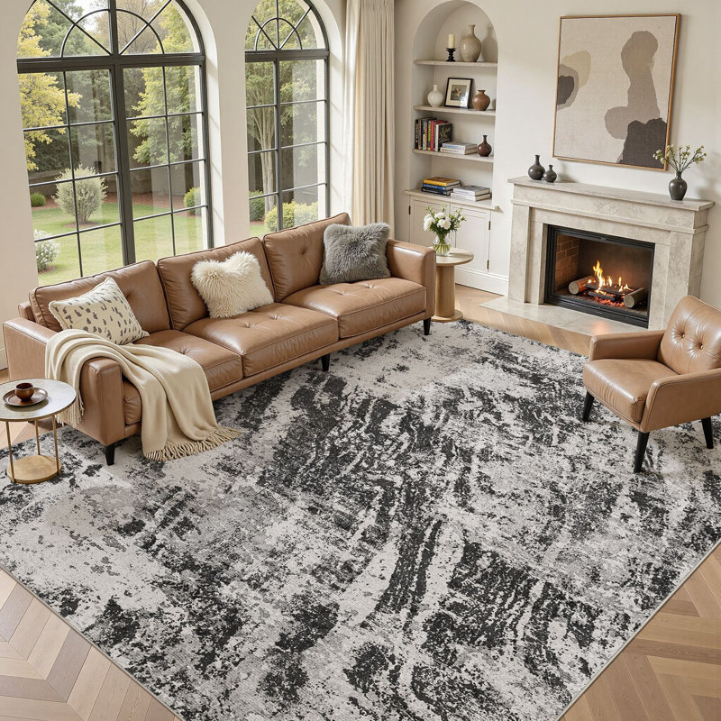 Abstract Modern Boho Area Rug Non-Shedding Low-Pile Carpet for Living Room, Bedroom, or Office, Rectangle 8' x 10', Black