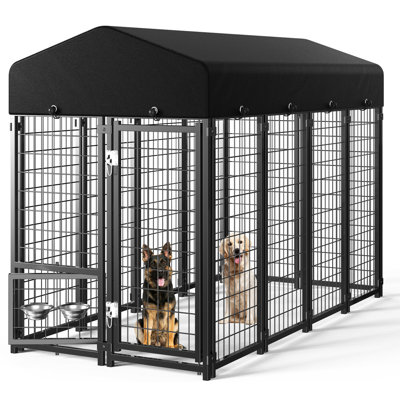 Dog Kennel Pen Outside Outdoor Dog Run with Roof, Feeders/ Removable Doggy Door Allow Connecting Your Dog House- Rectangular Pet Enclosure Heavy Duty for Medium/Large Dogs (8'L x 4'W x 6'H)