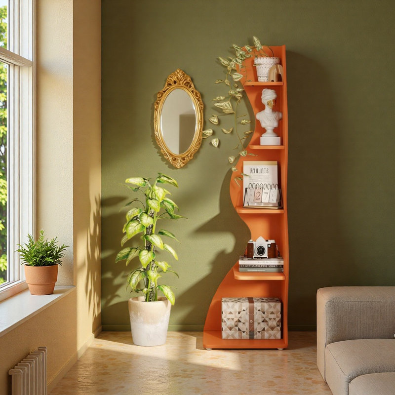 Bibliothèque et support d'angle à 5 niveaux 69,8 po pour salon, Orange, H 69,88 po x l 18,9 po x P 18,9 po