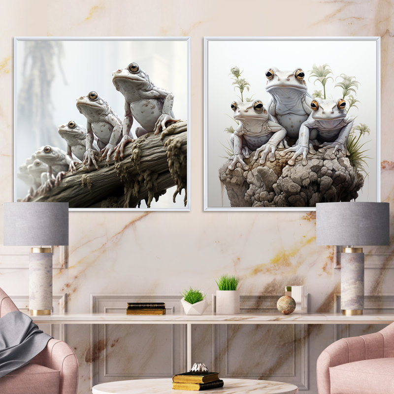 Minimalisme Frog Family Harmony - Ensemble de 2 collages carrés grenouilles et crapauds, H 16 po x l 33 po