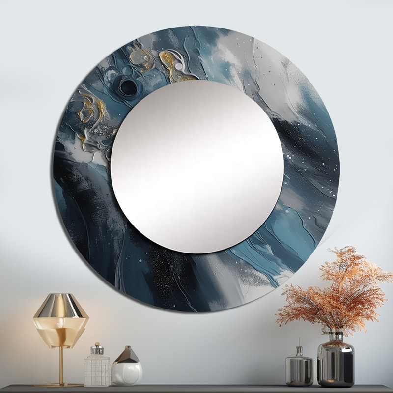 «Ordean Blue and White Transcendent Brushstrokes III», miroir de peinture abstraite, miroir mural rond bleu unique, reproduction d'art en métal