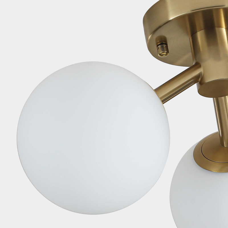 Plafonnier semi-encastré moderne à trois lumières avec globe en verre et abat-jour opale à bulles, Laiton, 3