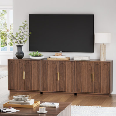 Sideboard Buffet Cabinet With Storage Set Of 3, Mid Century Modern Accent Cabinet With Arched Doors, Modular Media Console, Credenza For Living Room Kitchen Dining Room Entryway, Walnut