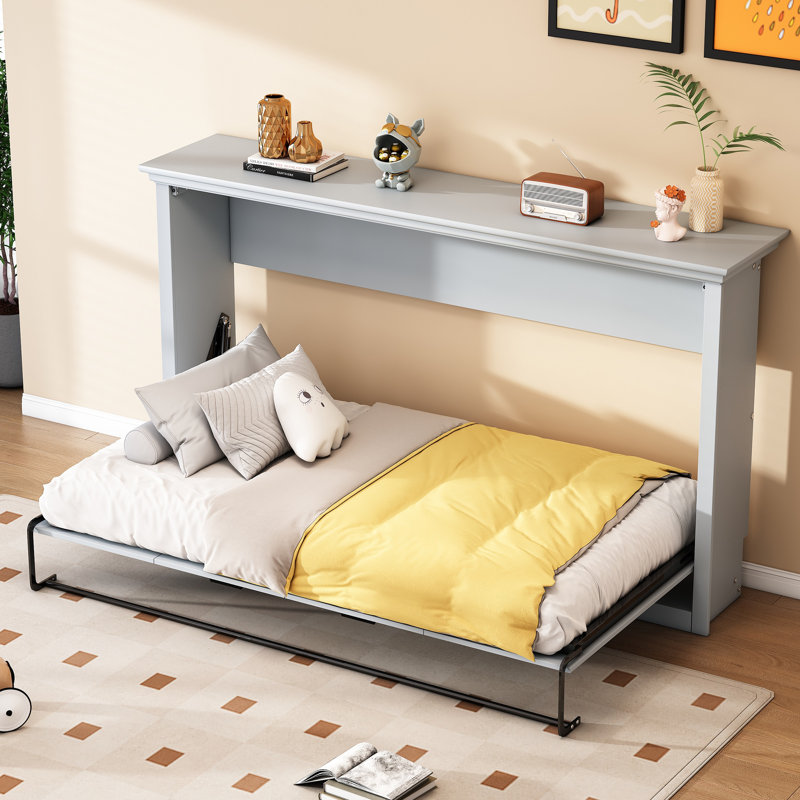 Lit escamotable gris simple qui se replie dans l'armoire, structure de lit mural peu encombrante avec support à lattes de bois