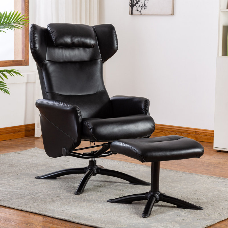 Vantasia Faux Leather Recliner Chair With Ottoman, Black Faux Leather