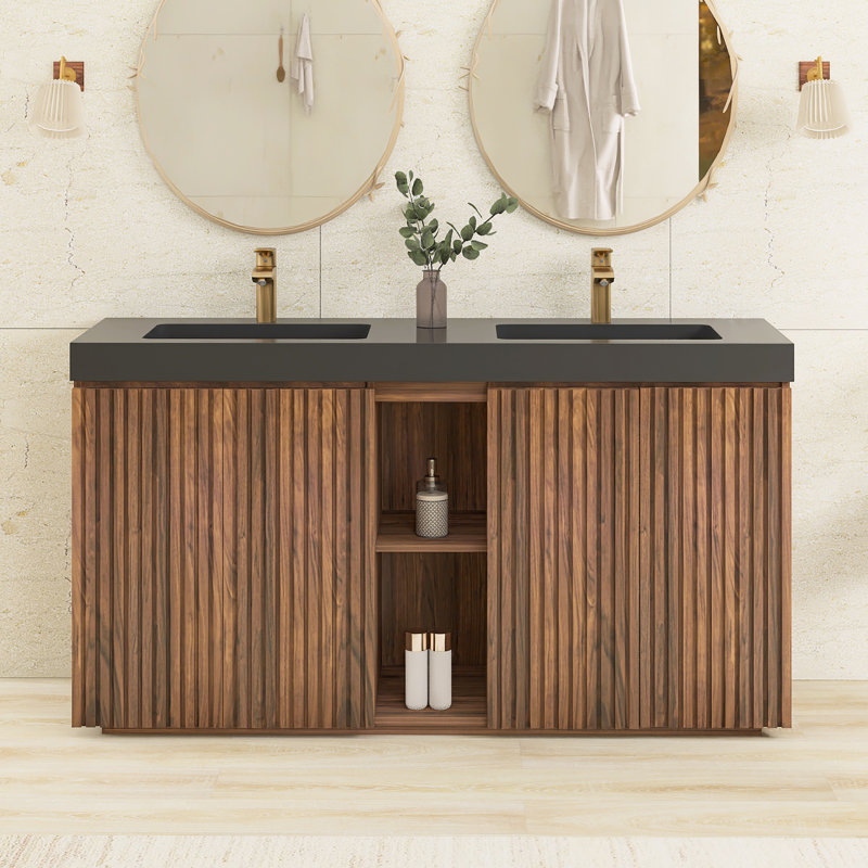 Ensemble de meuble-lavabo autoportant 59,5 po avec comptoir en quartz 59,5 po, Walnut Brown