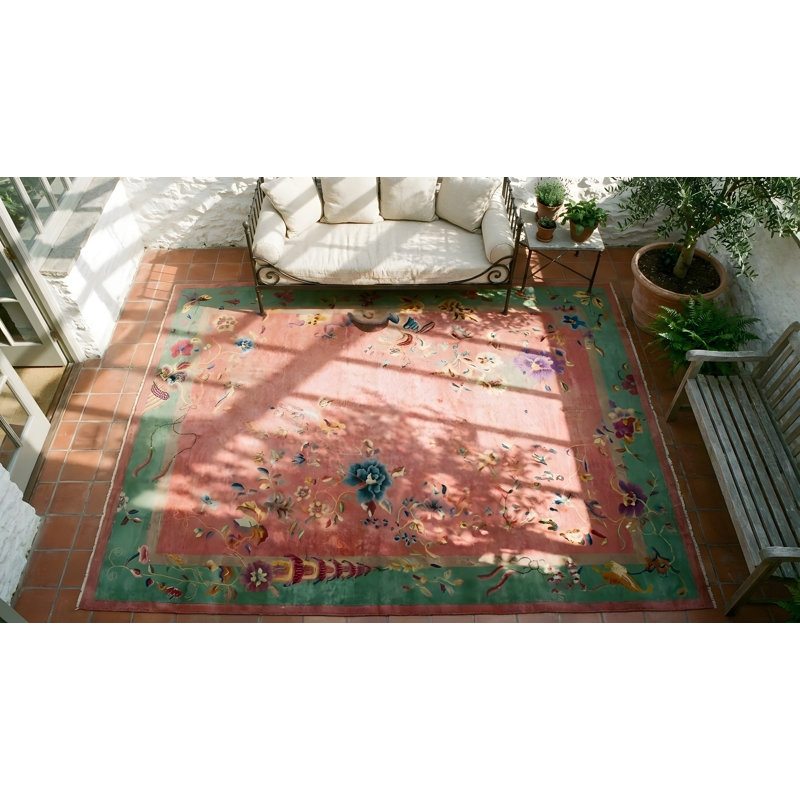 Coral / Salmon Pink Rectangle Hand Knotted Pile 1920s Wool Antique Rug