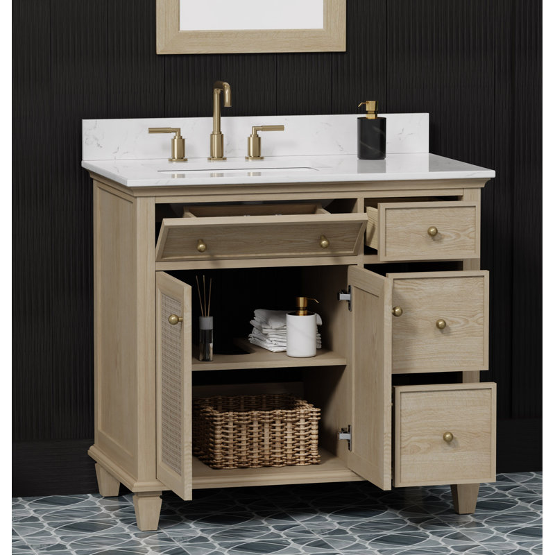 Meuble-lavabo simple 36 po avec plateau en quartz de Carrare blanc Ronnie, pré-assemblé