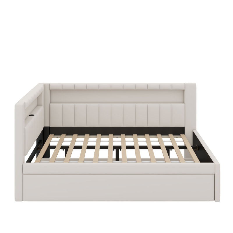 Lit plateforme double avec ports USB et ceinture à DEL, avec lit gigogne, Blanc