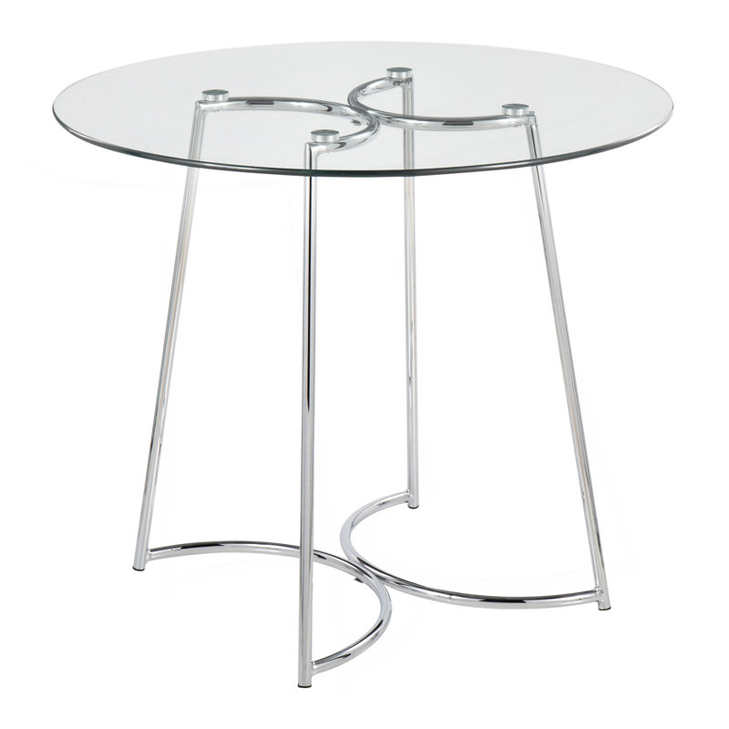 Table de salle à manger contemporaine en chrome avec plateau en verre transparent