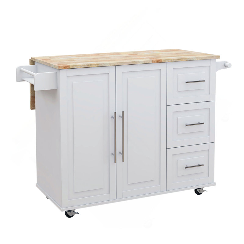 Kitchen Island With Spice Rack, Towel Rack And Extensible Solid Wood Table Top, White