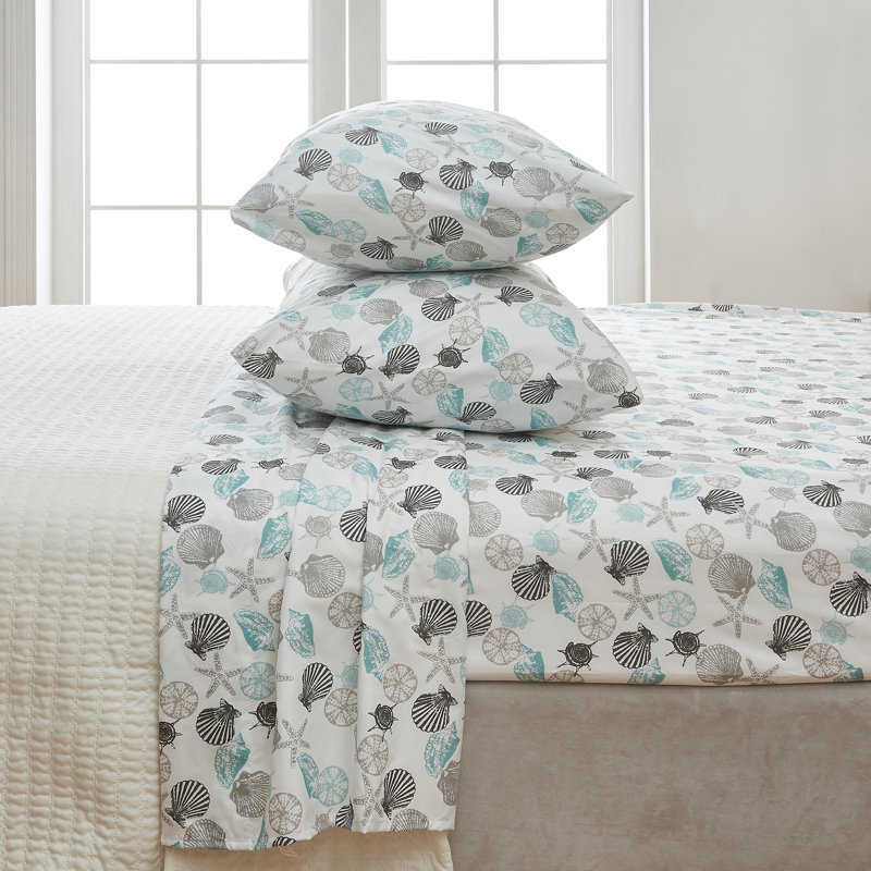 Ultra Soft Coastal Printed Microfiber Sheet Set, King Sheet Set with Fitted Sheet and 2 Pillowcases, Seashell
