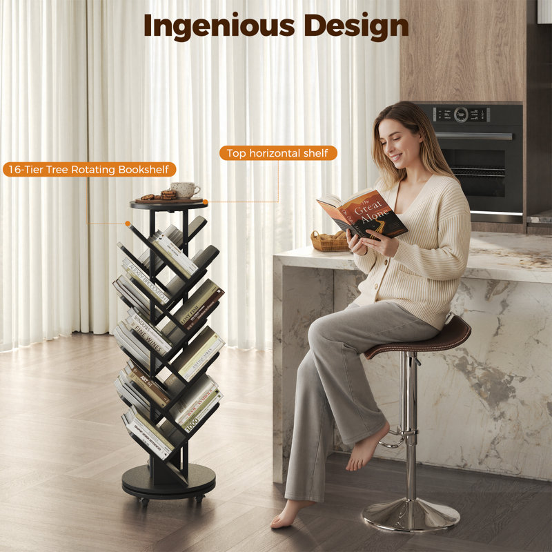127cm H x 40cm W Metal Step Bookcase,16-Tier Tree Rotating Bookshelf, 360 Degree Spinning Standing Bookcase, Corner Bookcase with casters