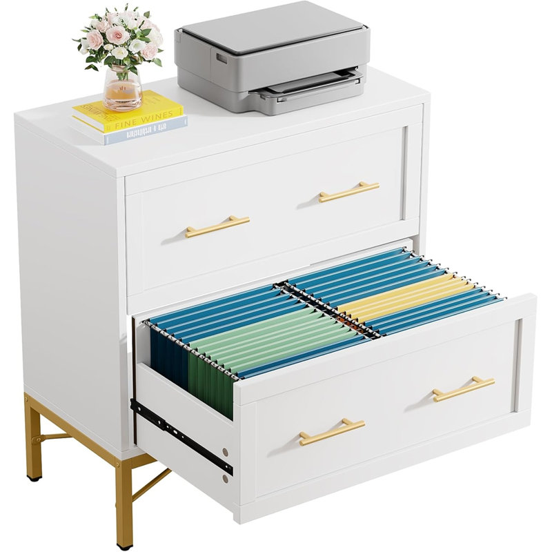 31.49" Modern White & Gold 2-Drawer Lateral File Cabinet