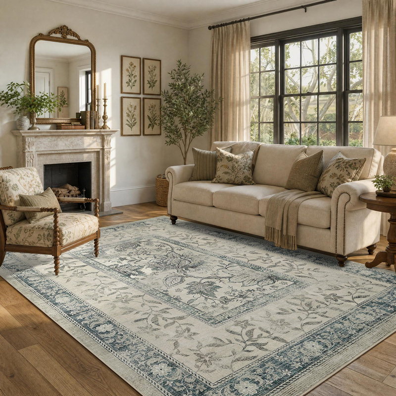 Washable Living Room Rugs, Vintage Floral Print Botanical Bedroom Carpet Soft Non Slip Dining Room Rugs Low Pile Stain Resistant Floorcover Mat for Home Office