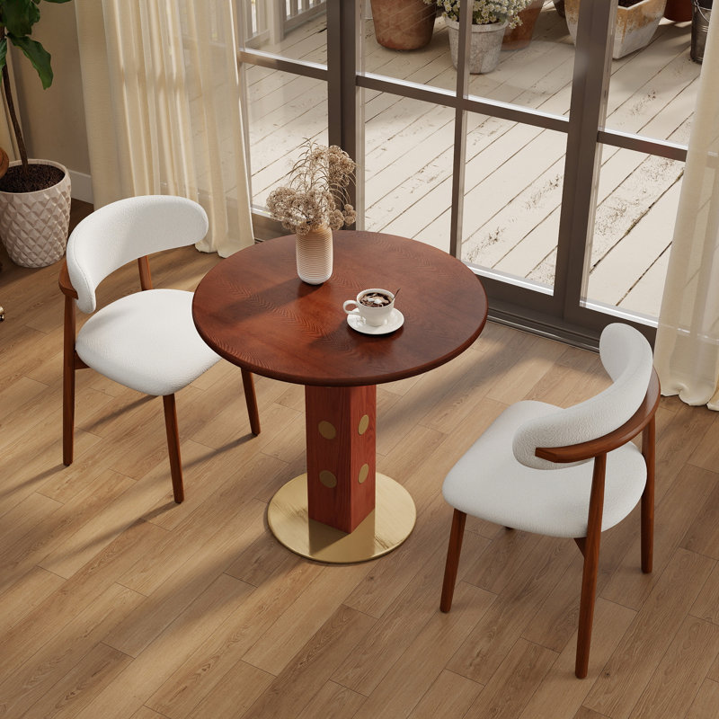 Φ Table de salle à manger ronde rétro en noyer de 80 cm avec base en laiton et bois massif. Table avec pieds en bois et base dorée