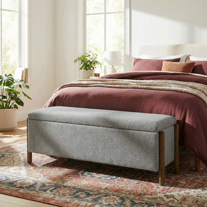 Banc de rangement multifonctionnel en chenille avec pieds cylindriques en bois massif, Gris