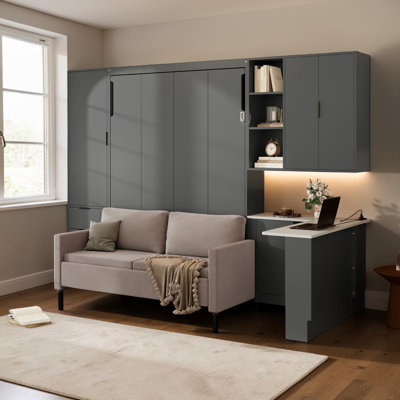 Queen Size Murphy Bed with Sofa and Desk Combo, Space Saving Wall Bed with Storage Drawers and Shelves, Hydraulic Lift Cabinet Bed with APP LED Light & USB