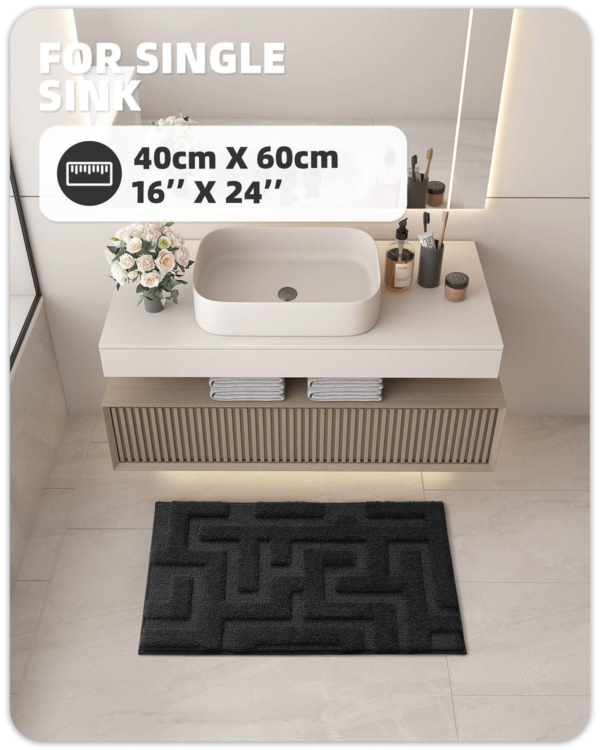 Non-Slip Bath Rug, 16" L x 24" W, Black