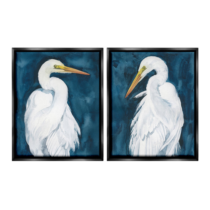 «Elegant Egrets On Blue» par Grace Popp, 2 pièces, Cadre flottant noir de jais, H 31 po x l 25 po