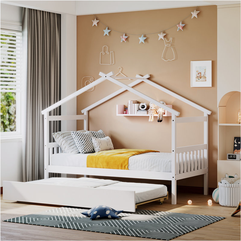 Annais Wooden House Bed with Trundle, Full, White
