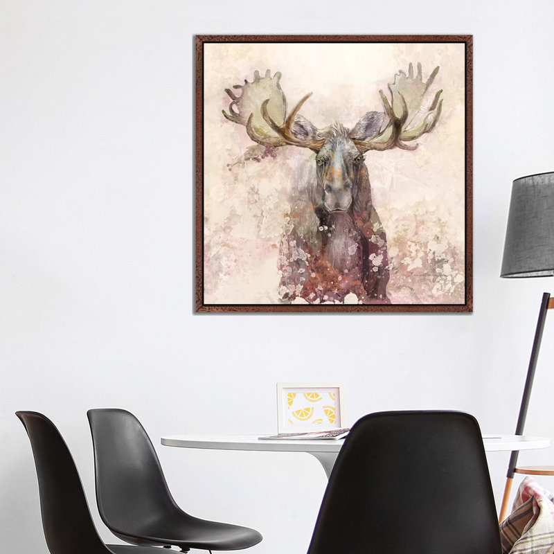 Moose - Painting on Canvas, 93.98cm H x 93.98cm W x 3.81cm D, Classic Brown Wood Floater Framed