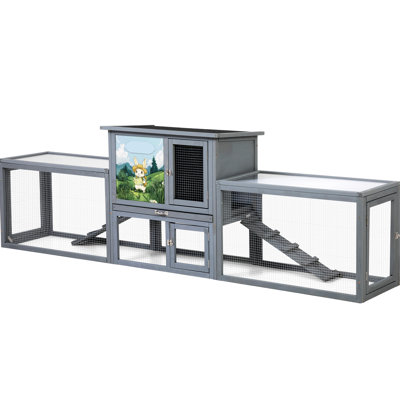 Cage à lapins d'extérieur extra-large avec deux couloirs, un coin de repos confortable, un toit pare-soleil PC, un plateau de nettoyage escamotable, des rampes antidérapantes, des portes en filet faciles à ouvrir, une enceinte grise à éléments colorés