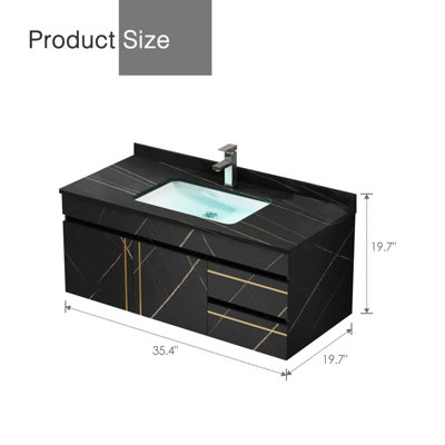 Aventon 35.4" Modern Floating Bathroom Vanity with Black Marble Top, White Ceramic Sink & Gold Handles