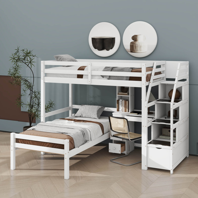 A Loft Bed Of Twin Size, Accompanied By A Separate Standalone Bed, Boasts A Storage Staircase, A Desk, Shelves, As Well As Drawers