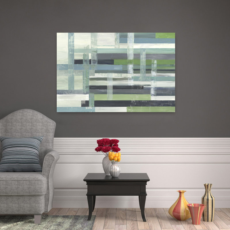 Motif géométrique abstrait à carreaux vert, H 32 po x l 48 po