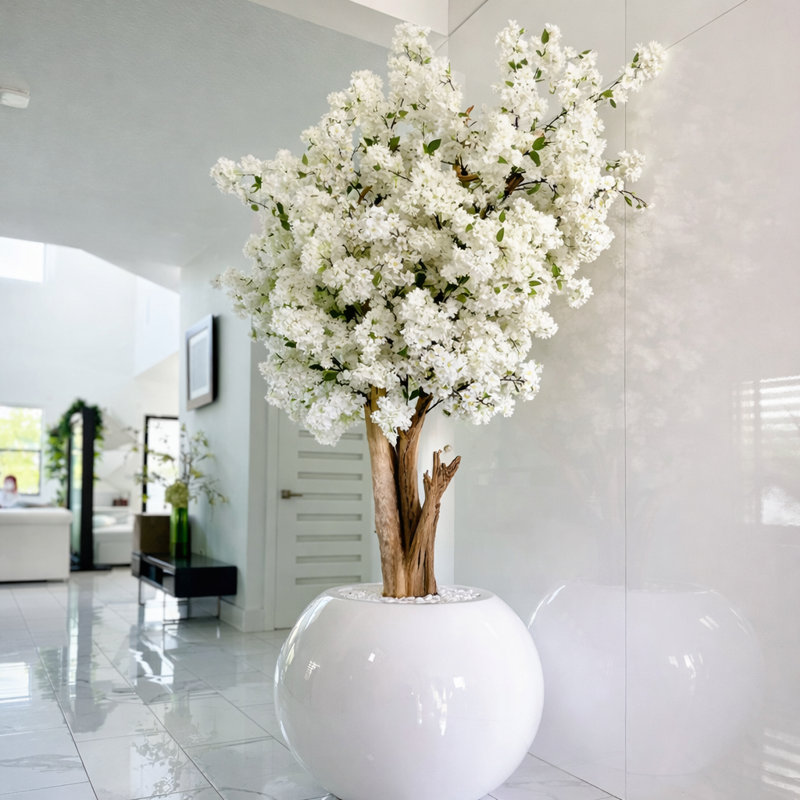 White Cherry Blossom Tree In 30" Matte Black Globe Planter, 90" H x 40" W