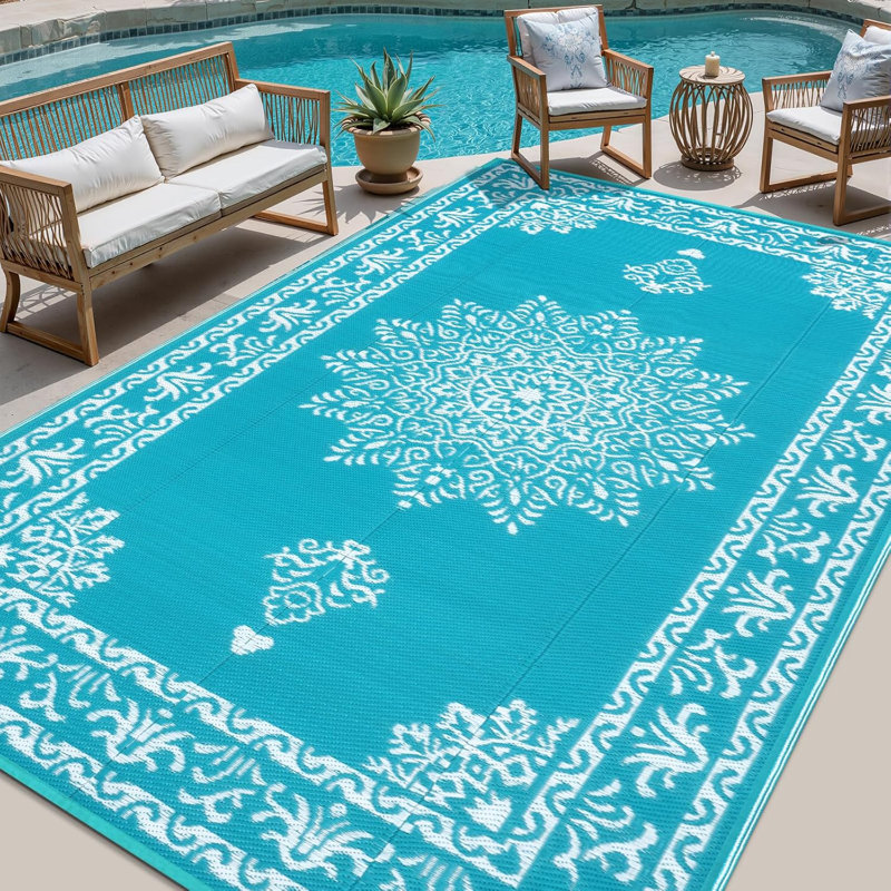 Reversible Outdoor Rug Plastic Straw Patio Rug Large Camping Mat, Rectangle 9' x 12', Blue