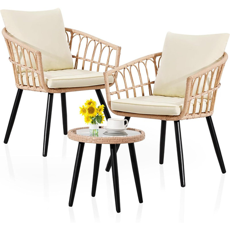 Ensemble bistro 3 pièces pour terrasse, table en osier et chaises