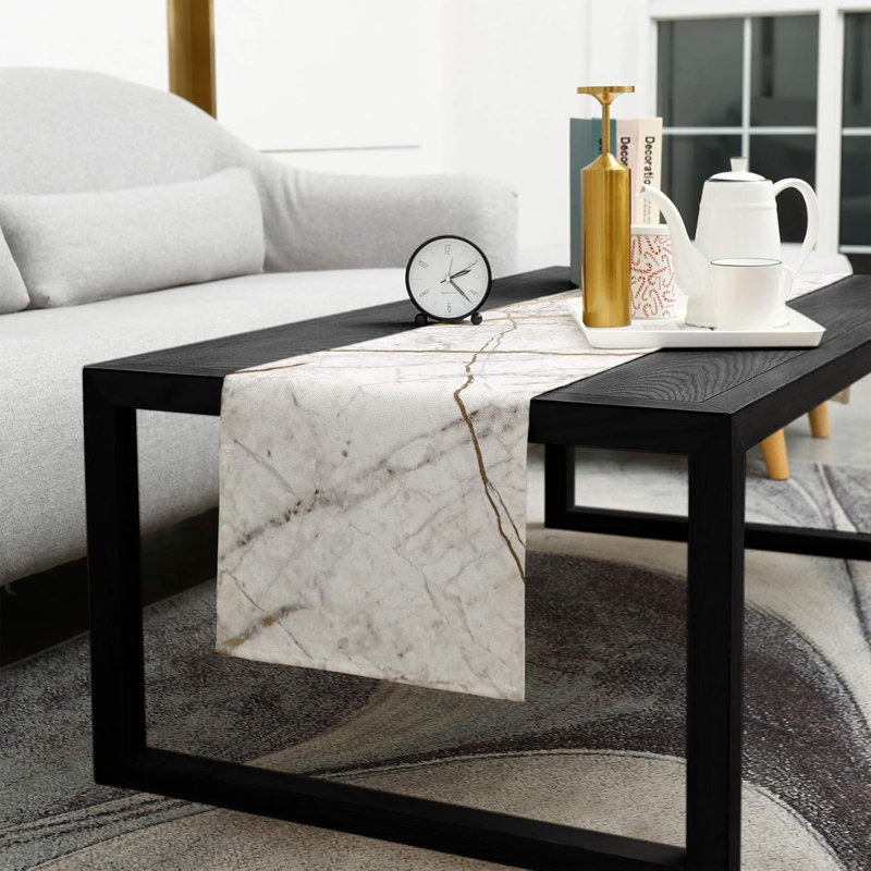 Marble Table Runner-Cotton Linen-Long White Gray Gold Dresser Scarves,Texture Tablerunner For Kitchen Coffee/Dining/Sofa/End Table Bedroom Home Living Room,Scarfs Decor For Holiday Dinner