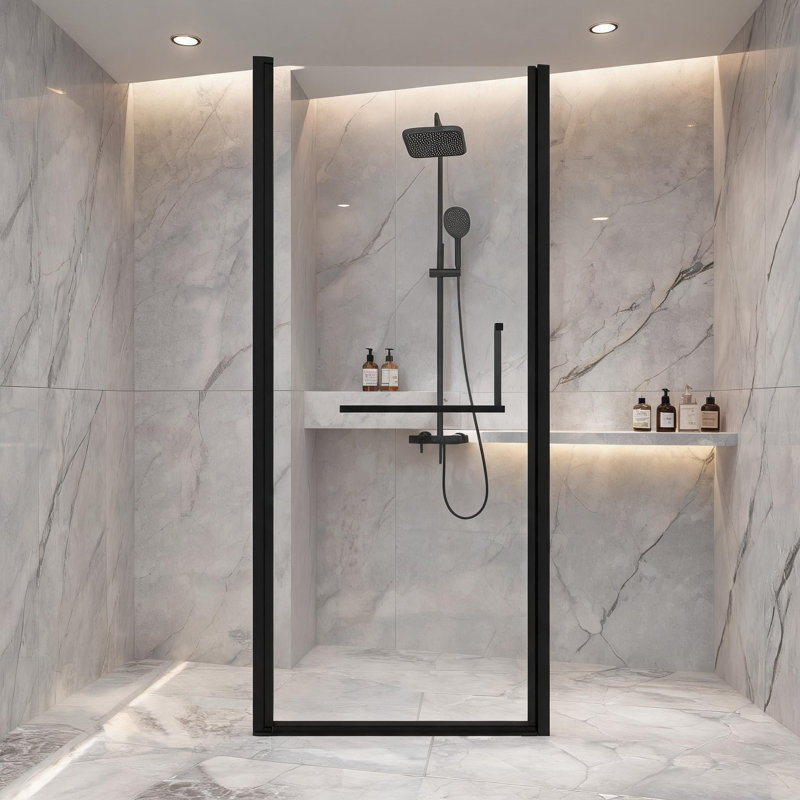 Porte de douche pivotante semi-encadrée, largeur réglable de 81 à 84 cm, noir mat, avec verre trempé de 6 mm et installation réversible.