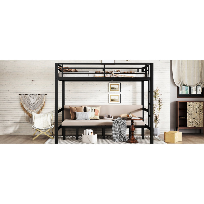 Full Over Black Metal Bunk Bed, Lower Can Be Pulled Out For Parent - Games, Top With Guardrail Pulls In Three Sections, Comfortable And Safe Bedroom Sleep