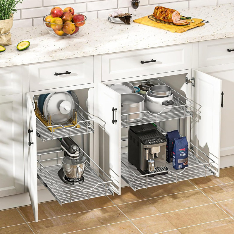 Rangement à 2 niveaux pour armoire de cuisine - Tablettes et tiroirs à fermeture en douceur avec doublure de tablette, rangement pour garde-manger robuste